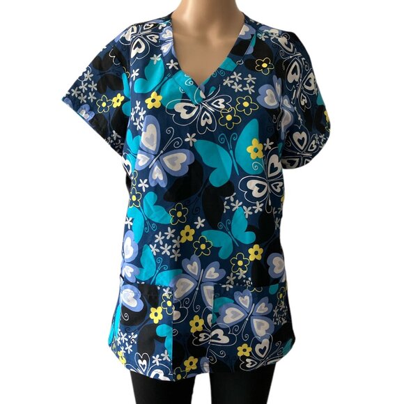 Green Town Size S Butterfly Print Scrub Top - Picture 1 of 8